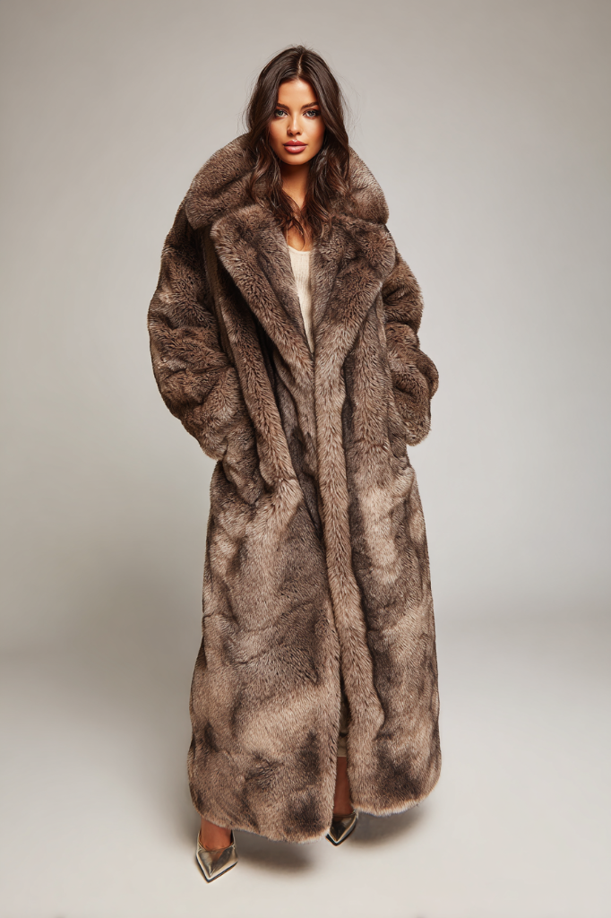 Opulent Long Faux Fur Coat – Mocha Brown