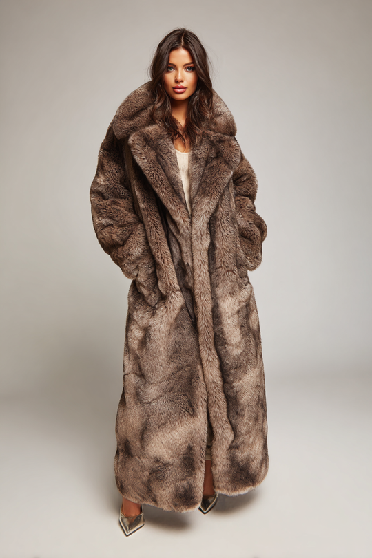 Opulent Long Faux Fur Coat – Mocha Brown