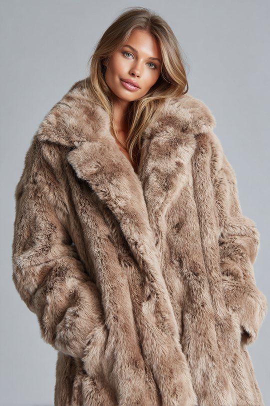 Opulent Long Faux Fur Coat – Mocha Brown
