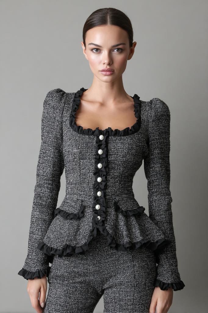 Pearl Ruffle Tweed Jacket – Classic Noir