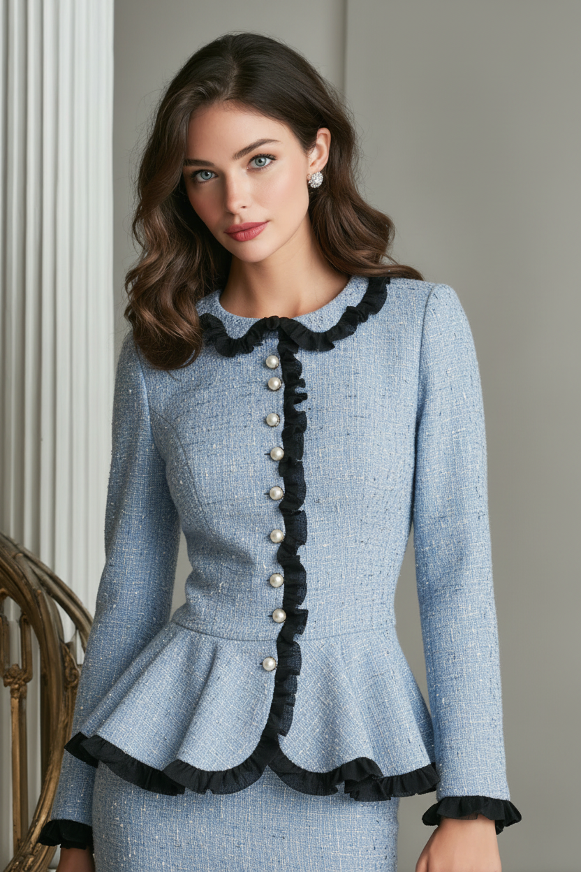 Pearl Ruffle Tweed Jacket – Powder Blue