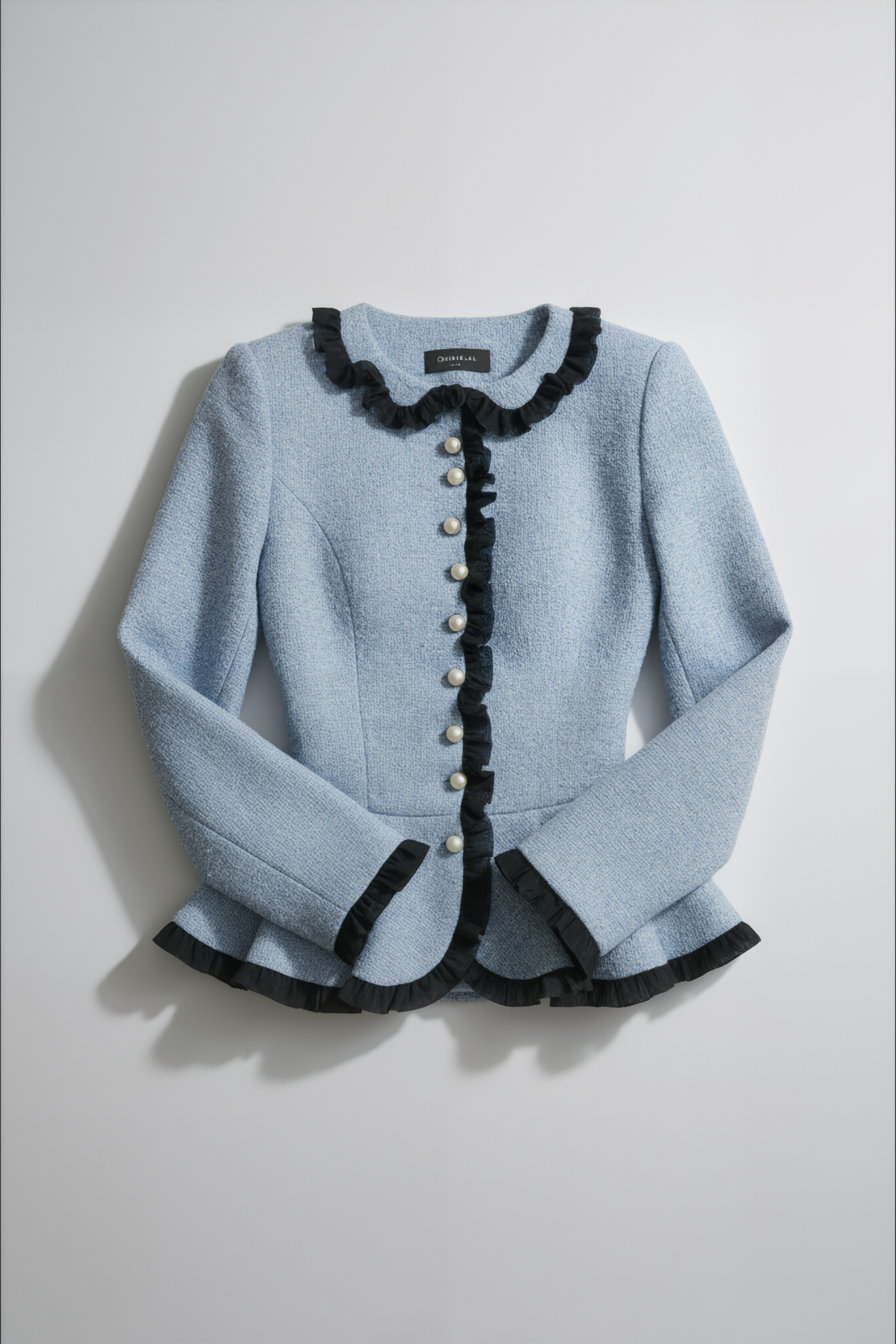 Pearl Ruffle Tweed Jacket – Powder Blue