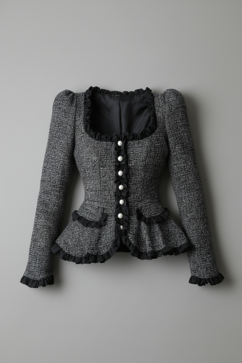 Pearl Ruffle Tweed Jacket – Classic Noir
