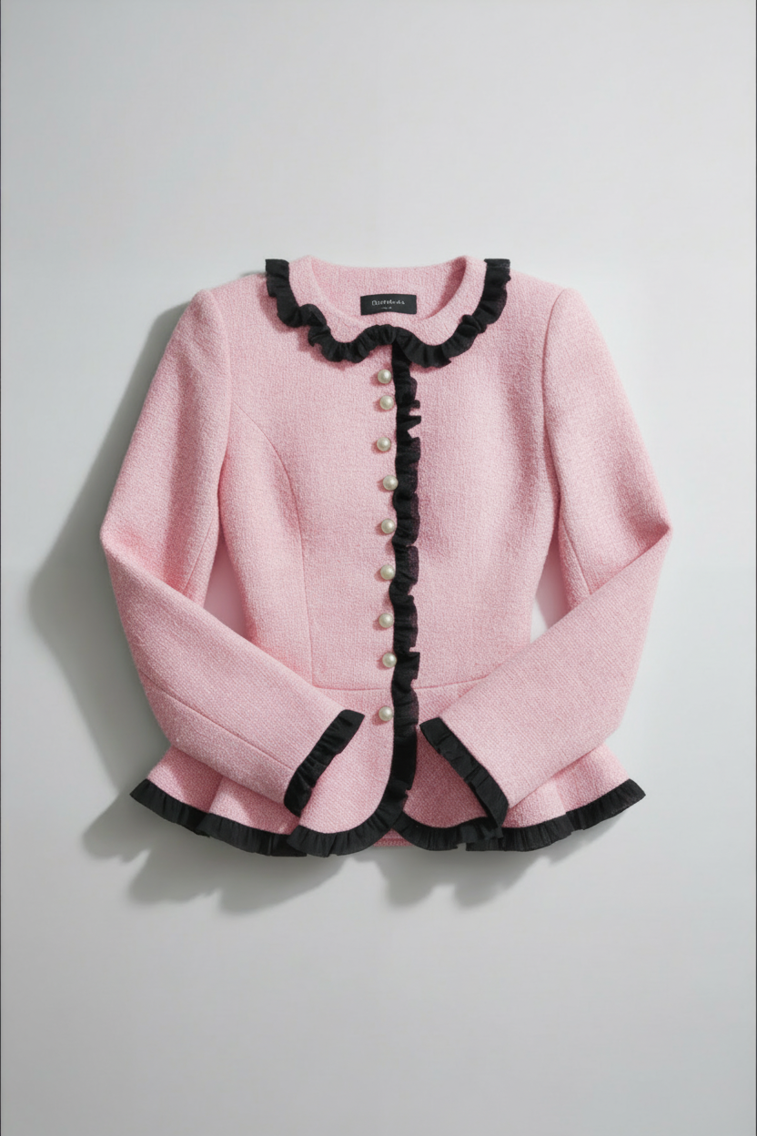 Pearl Ruffle Tweed Jacket – Blush Pink
