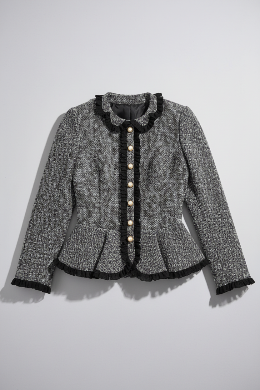 Pearl Ruffle Tweed Jacket – Charcoal