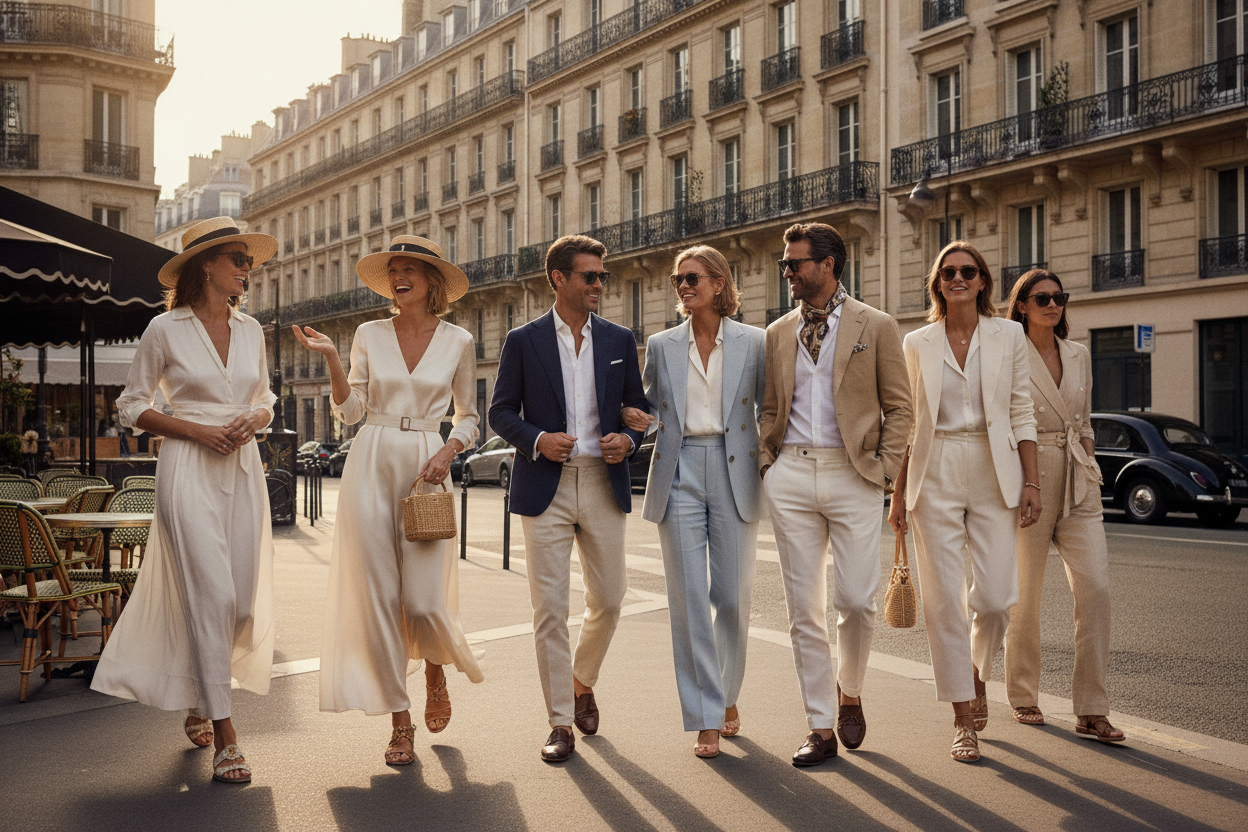 Create an image of stylish men and women in elegant old-money French chic summer outfits. Include light, refined colors such as beige, cream, white, navy, and soft pastels. The setting should be an upscale French inner-city street with classic beige stone buildings, wrought-iron balconies, and soft warm lighting. The group should be casually posing for the camera with a timeless, classy feel. Keep the atmosphere sophisticated, minimal, and luxurious. No text.