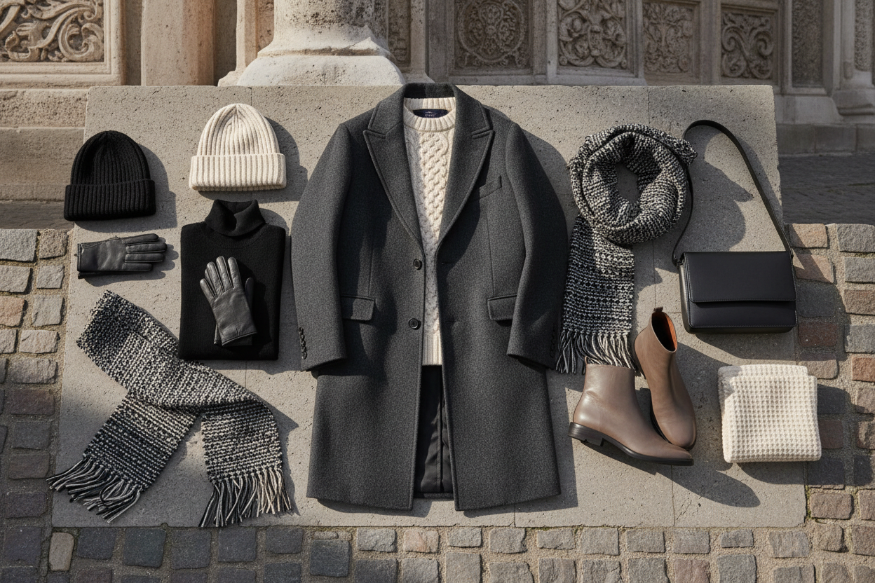 Display winter clothing and accessories neatly arranged in a flat-lay or editorial layout with shadows.
European winter street style, stone buildings, structured coats, muted palette, minimal but elegant.
Warm textures, knit close-ups, soft fabrics, gentle winter mood.